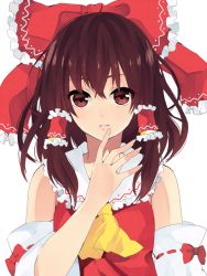 Rule 34 | 1girl, ascot, bad id, bad pixiv id, bare shoulders, bow, brown hair, detached sleeves, female focus, hair bow, hair tubes, hakurei reimu, long hair, minazuki (0038), red eyes, simple background, smile, solo, touhou, upper body, white background