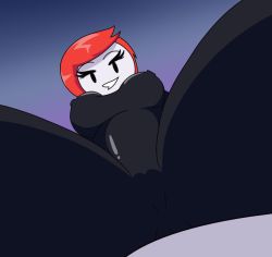 Rule 34 | breasts, crotch, ellie rose, from below, henry stickmin (game), henry stickmin (series), large breasts, looking at viewer, looking down, nipples, red hair, smile, spread legs, thick thighs, thighs