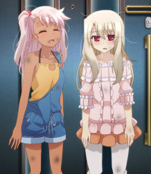 Rule 34 | 2girls, blonde hair, chloe von einzbern, closed eyes, dark-skinned female, dark skin, door, fate/kaleid liner prisma illya, fate (series), highres, illyasviel von einzbern, long hair, multiple girls, pink hair, ponytail, red eyes, screencap