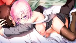 Rule 34 | 1boy, 1girl, black hair, black pants, black skirt, blanket, blush, breasts, breasts out, brown thighhighs, censored, closed mouth, clothes pull, fate/grand order, fate (series), fujimaru ritsuka (male), glasses, hug, jacket, large breasts, light purple hair, mash kyrielight, mosaic censoring, nipples, pants, pantyhose, pantyhose pull, penis, purple eyes, shiny skin, shirt, short hair, sitting, skirt, smile, splush wave, spread legs, thighhighs, white shirt