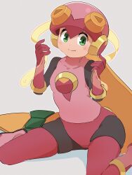 Rule 34 | 1girl, 3suisousui, absurdres, black bodysuit, blonde hair, bodysuit, bow, closed mouth, green bow, green eyes, hair bow, helmet, highres, long hair, looking to the side, low-tied long hair, mega man (series), mega man battle network (series), pink bodysuit, pink helmet, roll.exe (mega man), sitting, smile, solo, very long hair, wariza, white background