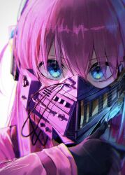 Rule 34 | 1girl, absurdres, black gloves, blue eyes, bocchi the rock!, close-up, cube hair ornament, dated, gloves, gotoh hitori, hair ornament, highres, jacket, long hair, long sleeves, looking at viewer, one side up, pink hair, pink jacket, respirator, seisyuntarotto, signature, solo