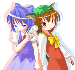 Rule 34 | 2girls, animal ears, blue bow, blue eyes, blue hair, bow, brown hair, cat ears, cat girl, chen, cirno, des (namaasi), dress, female focus, green hat, hair bow, hat, index finger raised, long sleeves, multiple girls, nail polish, puffy short sleeves, puffy sleeves, red dress, red nails, short hair, short sleeves, tail, touhou, white sleeves