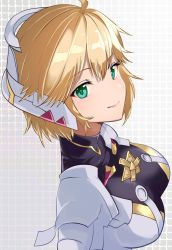 Rule 34 | black shirt, blonde hair, blouse, breasts, chest jewel, cyborg, fiora (xenoblade), gradient background, green eyes, grey background, highres, large breasts, mecha-fiora, risumi (taka-fallcherryblossom), shirt, short hair, simple background, solo, tagme, white background, xenoblade chronicles (series), xenoblade chronicles 1