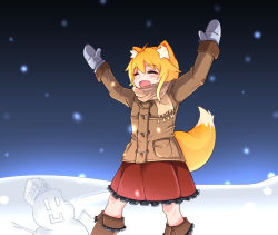 Rule 34 | 1girl, alternate costume, animal ear fluff, animal ears, asymmetrical hair, blonde hair, boots, brown coat, brown footwear, brown scarf, closed eyes, coat, commentary request, cookie (touhou), feet out of frame, fox ears, fox girl, fox tail, frilled skirt, frills, medium hair, miramikaru riran, mittens, niconico, office, open mouth, red skirt, scarf, sidelocks, skirt, smile, smiley face, snow, snowing, snowman, solo, tail, white mittens, yan pai