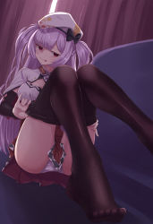 Rule 34 | 1girl, ajax (azur lane), azur lane, beret, black pantyhose, blush, bow, closed mouth, clothes pull, hair bow, hair ornament, hat, highres, legs, long hair, looking at viewer, miimu (nelreg3), no shoes, panties, pantyhose, pantyhose pull, unworn pantyhose, pantyshot, purple hair, red eyes, red skirt, skirt, smirk, soles, solo, tongue, tongue out, underwear, white panties