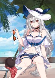 Rule 34 | 1girl, absurdres, arknights, bare shoulders, beach umbrella, bench, black-framed eyewear, black choker, blue shorts, blush, breasts, choker, cleavage, cloud, cloudy sky, coconut, collarbone, criss-cross halter, day, drinking straw, feet out of frame, grey hair, halterneck, hat, highres, holding, holding removed eyewear, long hair, medium breasts, navel, off-shoulder shirt, off shoulder, official alternate costume, orange-tinted eyewear, outdoors, palm tree, parted lips, red eyes, shirt, short shorts, shorts, sitting, skadi (arknights), skadi (waverider) (arknights), sky, solo, stomach, sun hat, sunglasses, table, thigh strap, tinted eyewear, tree, umbrella, unworn eyewear, very long hair, white hat, xuan xuan xuan za
