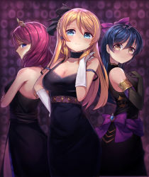 Rule 34 | 10s, 3girls, ayase eli, back-to-back, bare shoulders, black dress, blonde hair, blue hair, blurry, blush, bow, breasts, cleavage, closed mouth, collarbone, crossed arms, depth of field, dress, earrings, eyebrows, gem, gloves, hair between eyes, hair bow, tucking hair, halterneck, hand on own hip, jewelry, large breasts, long hair, looking at viewer, love live!, love live! school idol festival, love live! school idol project, motokonut, multiple girls, nishikino maki, purple background, purple bow, purple eyes, red dress, red hair, sash, shade, side slit, sleeveless, sleeveless dress, soldier game, sonoda umi, strap slip, swept bangs, tiara, white gloves