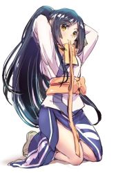 Rule 34 | 1girl, absurdly long hair, ainu clothes, animal ears, aquaplus, arms behind head, arms up, biting, biting clothes, black hair, breasts, dress, eyes visible through hair, full body, gradient eyes, kneeling, kokina, kuon (utawarerumono), long hair, long sleeves, medium breasts, multicolored eyes, open clothes, open dress, ponytail, raised eyebrows, sidelocks, solo, swept bangs, thick thighs, thighs, tying hair, utawarerumono, utawarerumono: itsuwari no kamen, very long hair, yellow eyes