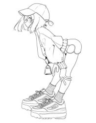 Rule 34 | 1girl, baseball cap, closed mouth, dolphin shorts, from side, greyscale, hands on own knees, hat, high contrast, jacket, leaning forward, lineart, long sleeves, looking at viewer, monochrome, nao97122, open clothes, open jacket, original, ponytail, profile, ribbed socks, shoes, short ponytail, shorts, sideways glance, simple background, socks, solo, standing, unfinished, white background, zipper pull tab