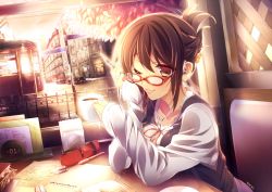 Rule 34 | 1girl, bad id, bad pixiv id, book, breasts, brown eyes, brown hair, coffee, dutch angle, eraser, fence, glasses, holding, lips, one eye closed, original, parted lips, pencil, pencil case, red-framed eyewear, ribbon, ryuji (ikeriu), short hair, sitting, smile, solo, sunlight, table, wink