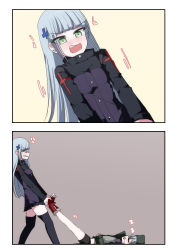 Rule 34 | 2girls, anger vein, angry, artist request, blue hair, comic, dragging, drooling, eyes visible through hair, g11 (girls&#039; frontline), girls&#039; frontline, green eyes, grey hair, hk416 (girls&#039; frontline), multiple girls, shoes, shorts, silent comic, skirt, sleeping, thighhighs, zzz