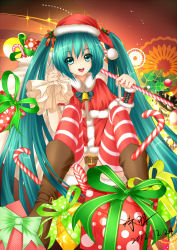 Rule 34 | 1girl, :d, akabane, bell, boots, bow, box, candy, candy cane, dated, food, gift, gift box, hair bow, hair ribbon, hat, hatsune miku, highres, holding, long hair, looking at viewer, open mouth, ribbon, santa costume, santa hat, signature, sitting, smile, solo, striped clothes, striped thighhighs, thighhighs, very long hair, vocaloid, zettai ryouiki