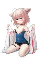 Rule 34 | 1girl, absurdres, ahoge, akelp, animal ears, arknights, bare shoulders, black choker, black skirt, blue eyes, blue shirt, blush, breasts, brown hair, choker, clothes pull, coat, collarbone, fox ears, highres, looking at viewer, material growth, nipples, open mouth, oripathy lesion (arknights), panties, panty peek, shirt, shirt pull, short hair, simple background, sitting, skirt, small breasts, solo, strap slip, sussurro (arknights), tearing up, thigh strap, thighs, underwear, undressing, wariza, white background, white coat