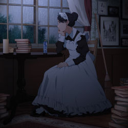 Rule 34 | 1girl, apron, black hair, book, book stack, broom, candle, carpet, commentary request, dark room, dress, hair bun, head rest, indoors, long sleeves, looking to the side, maid, maid apron, maid headdress, original, painting (object), photo (object), rain, short hair, single hair bun, suzushiro (suzushiro333), table, water drop, wooden floor