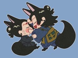 Rule 34 | 2boys, absurdres, animal ears, black hair, blue background, blush, chibi, closed eyes, commentary request, drawing on another&#039;s face, dual persona, earrings, fox boy, fox ears, fox tail, full body, getou suguru, hair bun, hand on another&#039;s cheek, hand on another&#039;s face, highres, id dal rae, jewelry, jujutsu kaisen, kemonomimi mode, kenjaku, korean commentary, long sleeves, male focus, multiple boys, open mouth, scar, scar on face, scar on forehead, short hair, simple background, single hair bun, sitting, smile, standing, tail