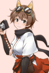 Rule 34 | 1girl, animal ears, armor, black eyes, blush, brown hair, camera, female focus, goggles, japanese clothes, katou keiko, scarf, simple background, smile, solo, strike witches, witches of africa, world witches series, youkan