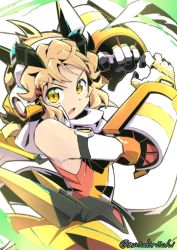 Rule 34 | 1girl, :o, bodysuit, brown hair, commentary, from side, gauntlets, hair ornament, hairclip, headgear, headphones, light brown hair, looking at viewer, looking to the side, mutsuki riichi, open mouth, senki zesshou symphogear, short hair, solo, tachibana hibiki (symphogear), twitter username, upper body, v-shaped eyebrows, yellow eyes