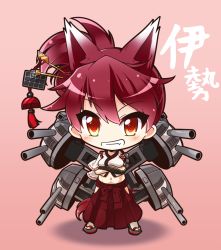 Rule 34 | 1girl, :d, animal ears, azur lane, chibi, commentary request, crossed arms, fox ears, grin, hair ornament, hakama, hakama skirt, ise (azur lane), japanese clothes, long hair, looking at viewer, machinery, navel, open mouth, orange eyes, ponytail, red hair, shachoo., skirt, smile, solo, translated, turret