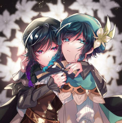 Rule 34 | 2boys, androgynous, beret, black hair, black shirt, blue hair, blurry, blurry background, bow, braid, cape, collared cape, commentary request, corset, crying, crying with eyes open, dark persona, dual persona, flower, frilled sleeves, frills, genshin impact, gradient hair, green eyes, green headwear, hat, hat flower, highres, hug, kokuchuutei, leaf, ligton1225, long sleeves, looking at viewer, male focus, multicolored hair, multiple boys, purple eyes, purple hair, shirt, short hair with long locks, tears, twin braids, venti (genshin impact), white flower, white shirt