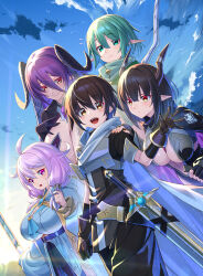 Rule 34 | 1boy, 4girls, ahoge, aqua eyes, black gloves, black hair, black horns, black shrug, blue robe, bow (weapon), breasts, brown eyes, brown hair, cleavage, closed mouth, cloud, copyright request, demon girl, elf, fingerless gloves, flying sweatdrops, gloves, green eyes, hair between eyes, hand on another&#039;s shoulder, hand on own chest, holding, holding staff, hood, hood down, hooded robe, horns, large breasts, mole, mole under mouth, multiple girls, official art, open mouth, pink eyes, pointy ears, purple hair, red eyes, robe, sheath, sheathed, shrug (clothing), sky, smile, staff, sword, takamine nadare, weapon