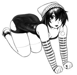 Rule 34 | 1girl, all fours, beanie, commentary, detached sleeves, emo fashion, english commentary, hair over one eye, hat, highres, hip vent, looking at viewer, medium hair, nail polish, one eye covered, original, shoes, simple background, smile, sneakers, solo, thighhighs, white background, yirtios