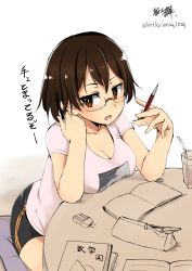 Rule 34 | 1girl, black hair, breast rest, breasts, brown eyes, cleavage, drink, drinking straw, eraser, glasses, highres, kirikirimai (kkm), large breasts, mechanical pencil, notebook, open mouth, original, pencil, pencil case, shirt, shorts, solo, t-shirt