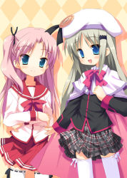 Rule 34 | 00s, 2girls, blue eyes, bow, buttons, cape, cowboy shot, hat, large buttons, little busters!, long hair, maaryan (to heart), meito (maze), multiple girls, noumi kudryavka, pink bow, pink hair, plaid, plaid skirt, school uniform, serafuku, silver hair, skirt, thighhighs, to heart (series), to heart 2