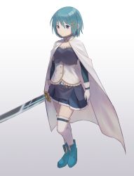 Rule 34 | 1girl, belt, belt buckle, blouse, blue eyes, blue hair, blue shirt, blue skirt, buckle, cape, cutlass, fortissimo, frilled shirt, frills, gloves, gradient background, hair between eyes, hair ornament, hairclip, high collar, highres, holding, holding sword, holding weapon, jewelry, magical girl, mahou shoujo madoka magica, mahou shoujo madoka magica (anime), miki sayaka, multicolored shirt, musical note, musical note hair ornament, saber (weapon), shimizu tomoki, shirt, short hair, simple background, skirt, solo, sword, thighhighs, weapon, white background, white cape, white gloves, white shirt, white thighhighs
