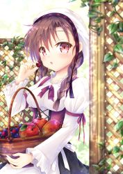 Rule 34 | 1girl, apple, basket, black hair, blueberry, blush, braid, breasts, food, fruit, highres, holding, holding basket, long hair, long sleeves, looking at viewer, medium breasts, original, parted lips, pink eyes, solo, strawberry, twin braids, yorarry