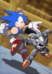 Rule 34 | 1990s (style), 1boy, animal nose, banel springer, black eyes, blurry, blurry background, clenched hand, clenched teeth, commentary, dutch angle, english commentary, fighting, full body, furry, furry male, gloves, highres, looking at another, metal sonic, profile, red footwear, retro artstyle, robot, shadow, shoes, sonic (series), sonic the hedgehog, sonic the hedgehog (classic), sonic the hedgehog 2, teeth, v-shaped eyes, white gloves