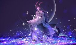 Rule 34 | 1girl, animal ears, artist request, bare shoulders, black hair, bug, butterfly, closed mouth, dark, detached sleeves, douluo dalu, dress, earrings, full body, glowing butterfly, hair ornament, highres, insect, jewelry, long hair, looking at viewer, necklace, night, rabbit ears, second-party source, sitting, solo, white dress, xiao wu (douluo dalu)