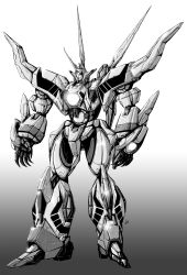 Rule 34 | glowing, glowing eye, gradient background, greyscale, hades project zeorymer, highres, horns, looking ahead, mecha, monochrome, no humans, one-eyed, open hands, robot, single horn, standing, super robot, vzmk2, zeorymer