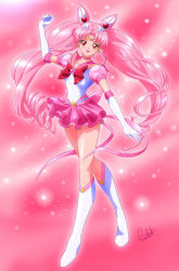 Rule 34 | absurdres, bishoujo senshi sailor moon, bow, chibi usa, closed mouth, earrings, elbow gloves, gloves, hair ornament, highres, jewelry, leotard, long hair, looking at viewer, mistressainley, pink background, pink hair, pink skirt, red bow, red eyes, sailor chibi moon, sailor senshi uniform, skirt, smile, star (symbol), star earrings, white gloves, white legwear, white leotard