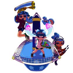 Rule 34 | 1boy, 2girls, baseball cap, bike shorts, blue hair, boonie hat, brown eyes, camouflage, dress shirt, dynamo roller, green eyes, hat, headphones, highres, holding, holding weapon, hood, hoodie, inkling, inkling boy, inkling girl, inkling player character, jumping, kanafumi (spindle), long hair, looking at viewer, multiple girls, nintendo, open mouth, oversized object, paint roller, plaid, plaid shirt, pointy ears, purple eyes, shirt, shoes, short hair, single vertical stripe, smile, sneakers, socks, splatoon (series), splatoon 1, splattershot (splatoon), squid, standing, super soaker, tentacle hair, topknot, weapon, white background, white shirt
