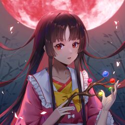 Rule 34 | 1girl, bamboo, blunt bangs, blush, bow, branch, brown hair, chinese commentary, collarbone, collared shirt, commentary request, frilled shirt collar, frills, highres, holding, holding branch, houraisan kaguya, jeweled branch of hourai, jingshenquan, long hair, looking at viewer, moon, parted lips, pink shirt, red eyes, shirt, sidelocks, solo, touhou, upper body, very long hair, white bow