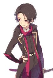 Rule 34 | 10s, 1boy, brown hair, cowboy shot, earrings, hand on own hip, jewelry, kashuu kiyomitsu, katana, male focus, mole, mole under mouth, nail polish, personification, plico (nicoma), ponytail, red eyes, red nails, scarf, smile, solo, sword, touken ranbu, weapon