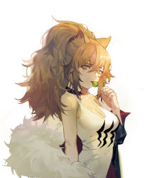 Rule 34 | 1girl, animal ears, arknights, black choker, black jacket, blonde hair, breasts, candy, choker, cleavage, food, from side, fur-trimmed jacket, fur trim, hair between eyes, highres, holding, holding candy, holding food, holding lollipop, jacket, lion ears, lollipop, long hair, looking at viewer, medium breasts, off shoulder, open clothes, open jacket, open mouth, ponytail, siege (arknights), simple background, sleeveless, solo, tank top, tongue, upper body, white background, white tank top, yellow eyes, yikouqingcao (douqing)