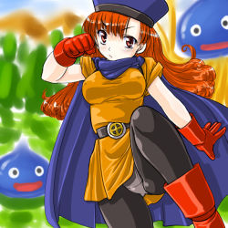 Rule 34 | &gt;:/, 1girl, :/, :d, alena (dq4), belt, belt buckle, black eyes, black pantyhose, blue cape, blue skin, blush, boots, breasts, buckle, cape, chunsoft, clenched hand, closed mouth, colored skin, covered erect nipples, curly hair, dd (ijigendd), dragon quest, dragon quest iv, dress, enix, fighting stance, gloves, grass, hand up, hat, healslime, large breasts, leg lift, leg up, long hair, looking at viewer, monster, o o, open mouth, orange dress, orange hair, outdoors, panties, panties under pantyhose, pantyhose, pantyshot, parted bangs, red eyes, red footwear, red gloves, red hair, serious, short dress, short sleeves, skirt, slime (dragon quest), smile, solo, taut clothes, tentacles, tree, underwear, upskirt, v-shaped eyebrows, white panties, yellow skirt