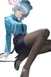 Rule 34 | 1girl, alternate costume, arm support, belt, black belt, black footwear, blazpu, blue archive, blue hat, blue necktie, blue shirt, bow, braid, breasts, brown pantyhose, closed mouth, collared shirt, foreshortening, full body, gloves, hair bow, hair ornament, haruna (blue archive), hat, head tilt, high heels, highres, knees up, leaning back, legs, long sleeves, looking at viewer, medium breasts, necktie, pantyhose, pencil skirt, pink eyes, police, police hat, police uniform, shadow, shirt, side braid, sidelocks, simple background, sitting, skirt, smile, solo, thighs, toe cleavage, uniform, white background, white gloves