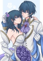 Rule 34 | 1boy, 1girl, blue eyes, blue hair, bouquet, breasts, byleth (female) (fire emblem), byleth (fire emblem), byleth (male) (fire emblem), choker, cleavage, dress, elbow gloves, fire emblem, fire emblem: three houses, flower, gloves, hair between eyes, hair flower, hair ornament, highres, jacket, large breasts, long hair, looking at another, nintendo, purple flower, purple rose, rose, shimizu akina, short hair, strapless, strapless dress, upper body, white choker, white dress, white gloves, white jacket