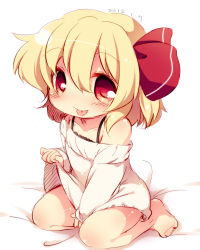 Rule 34 | 1girl, :p, bare legs, bare shoulders, barefoot, bed sheet, blonde hair, blush, camisole, chemise, collarbone, dated, full body, hair between eyes, hair ribbon, highres, long sleeves, looking at viewer, matatabi (nigatsu), off-shoulder, off-shoulder sweater, off shoulder, petite, red eyes, ribbon, rumia, seiza, shiny skin, short hair, simple background, sitting, sleeves past wrists, solo, sweater, tareme, team shanghai alice, tongue, tongue out, touhou, wariza, white background