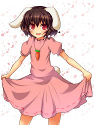 Rule 34 | 1girl, animal ears, black hair, carrot, dress, fukunaga kazuhiro, highres, inaba tewi, jewelry, looking at viewer, open mouth, pendant, polka dot, polka dot background, puffy short sleeves, puffy sleeves, rabbit ears, rabbit girl, rabbit tail, red eyes, short hair, short sleeves, simple background, skirt hold, solo, tail, touhou, white background