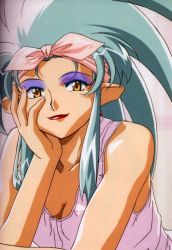 Rule 34 | blue hair, eyeshadow, hand on own face, lipstick, makeup, ryouko (tenchi muyou!), smile, tenchi muyou!, third-party edit