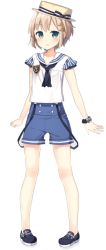 Rule 34 | 1girl, bare arms, blonde hair, blue eyes, blue footwear, blush, casual, frown, full body, hasumi hibana, hat, looking at viewer, maid to partita, masuishi kinoto, official art, sailor, scrunchie, shima (shima je), shoes, short hair, short sleeves, solo, suspenders, transparent background, wrist scrunchie