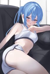 Rule 34 | 1girl, :o, absurdres, alternate costume, armpit peek, ass, blue eyes, blue hair, blush, breasts, clothes lift, couch, cowboy shot, dolphin shorts, dot nose, fawny, from side, hair between eyes, half updo, highres, hololive, hoshimachi suisei, indoors, legs together, long hair, looking at viewer, lying, navel, on couch, on side, open mouth, ponytail, short shorts, shorts, sidelocks, small breasts, solo, sports bra, sports bra lift, star (symbol), star in eye, stomach, symbol in eye, thighs, virtual youtuber, white shorts, white sports bra