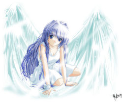 Rule 34 | angel, blue eyes, blue hair, kanon, long hair, minase nayuki, solo, wings, yukirin