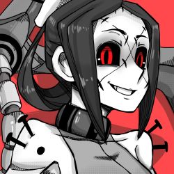 Rule 34 | artist request, bare shoulders, black hair, black sclera, collar, colored sclera, cyborg, grin, highres, limited palette, mask, mask removed, metal collar, nail, painwheel (skullgirls), red background, red eyes, red theme, rogenrola135, scar, scar on face, shadow, skullgirls, sleeveless, smile, upper body