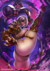 Rule 34 | 1girl, armor, ass, boots, breast focus, breast press, breasts, gauntlets, green eyes, highres, huge breasts, isabella valentine, leg up, licking lips, lips, lipstick, makeup, mister69m, nose, purple lips, realistic, revealing clothes, short hair, single gauntlet, skull, smile, solo, soul calibur, soulcalibur, soulcalibur vi, standing, standing on one leg, thigh boots, thighhighs, tongue, tongue out, weapon, whip sword