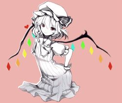 Rule 34 | 1girl, bad id, bad pixiv id, contrapposto, dress, flandre scarlet, hand on own hip, hat, heart, hoshi usagi, monochrome, pink background, red eyes, short hair, simple background, smile, solo, spot color, standing, touhou, wings